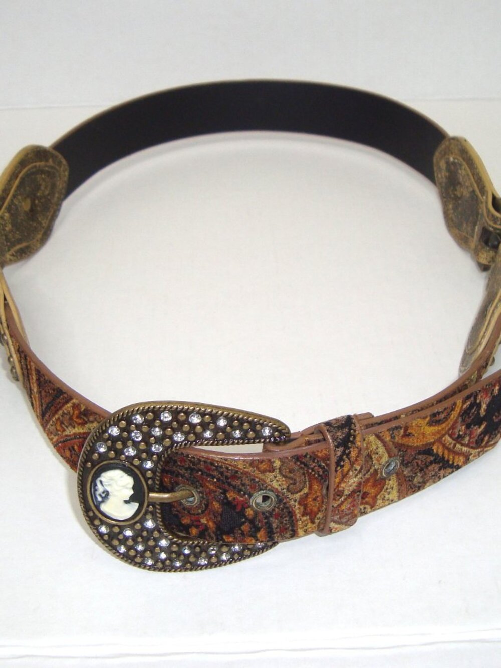 Statement Belt w/Studded Rhinestone Cameo Buckle Size XL